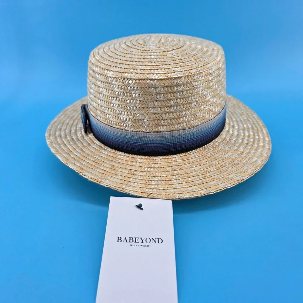 Babeyond Straw Boater‎ Hat Mens/Womens Blue Gradient Ribbon Flat Top Skimmer L